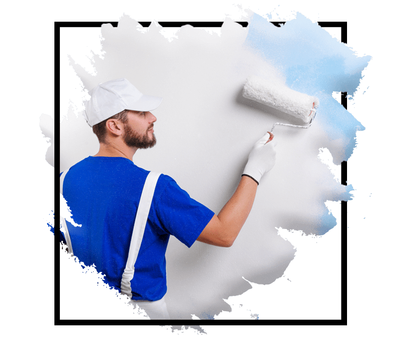 painters prepping baseboards and trim in a living room before painting